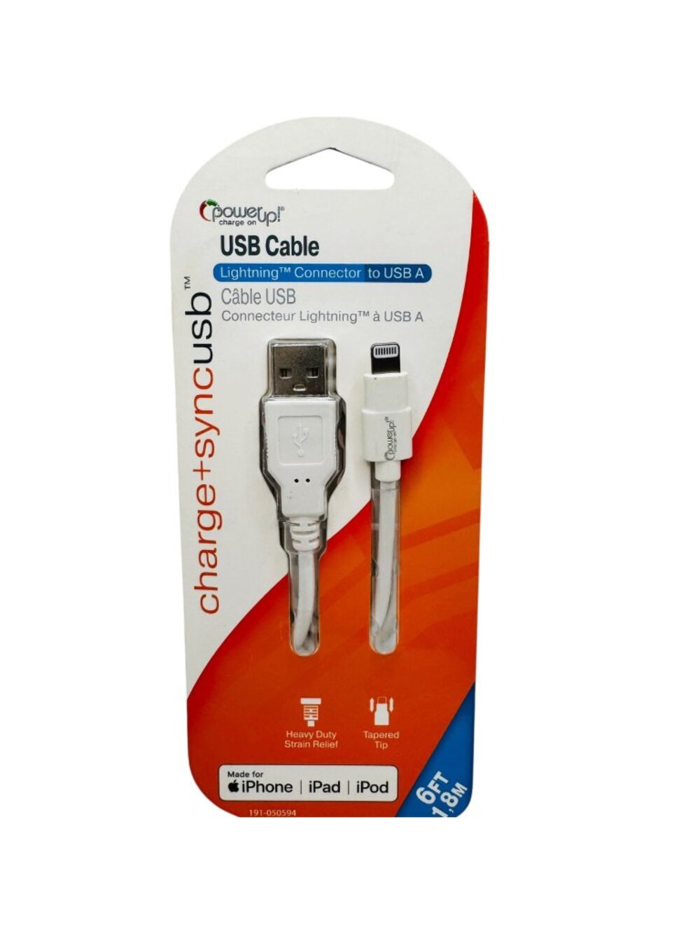 PowerUp Charge+Sync USB Fast Charge Cable 6Ft Compatible With iPhone USB 2.0 Whi